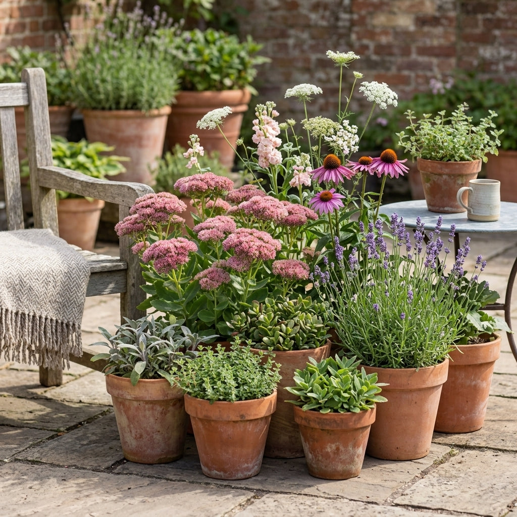 Various perennials potted in terracotta pots on a patio