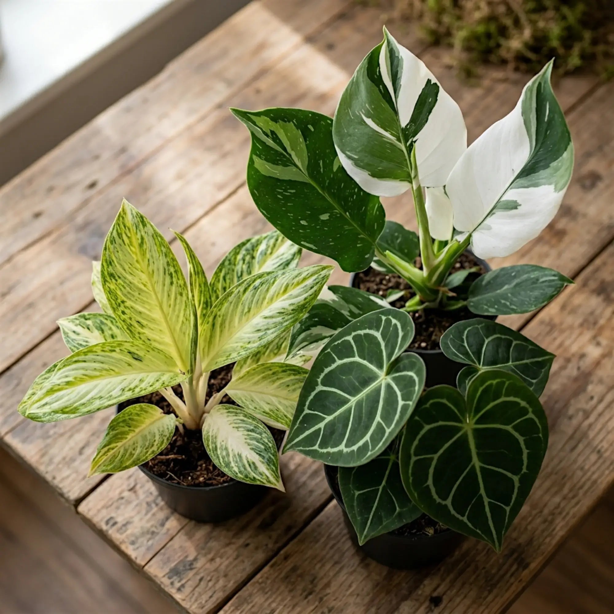 3 tropical potted plants on a wooden table seen from above