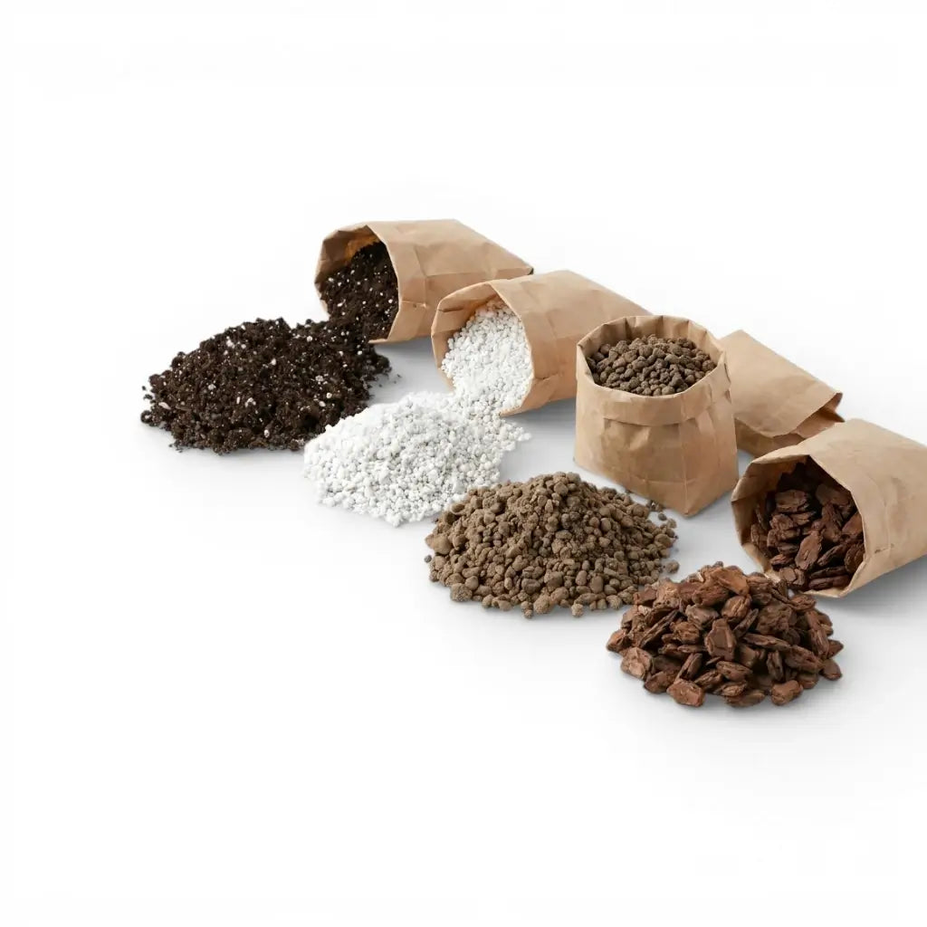 Brown paper bags filled with various substrates: universal soil, perlite, lava rock and pine bark on white backround