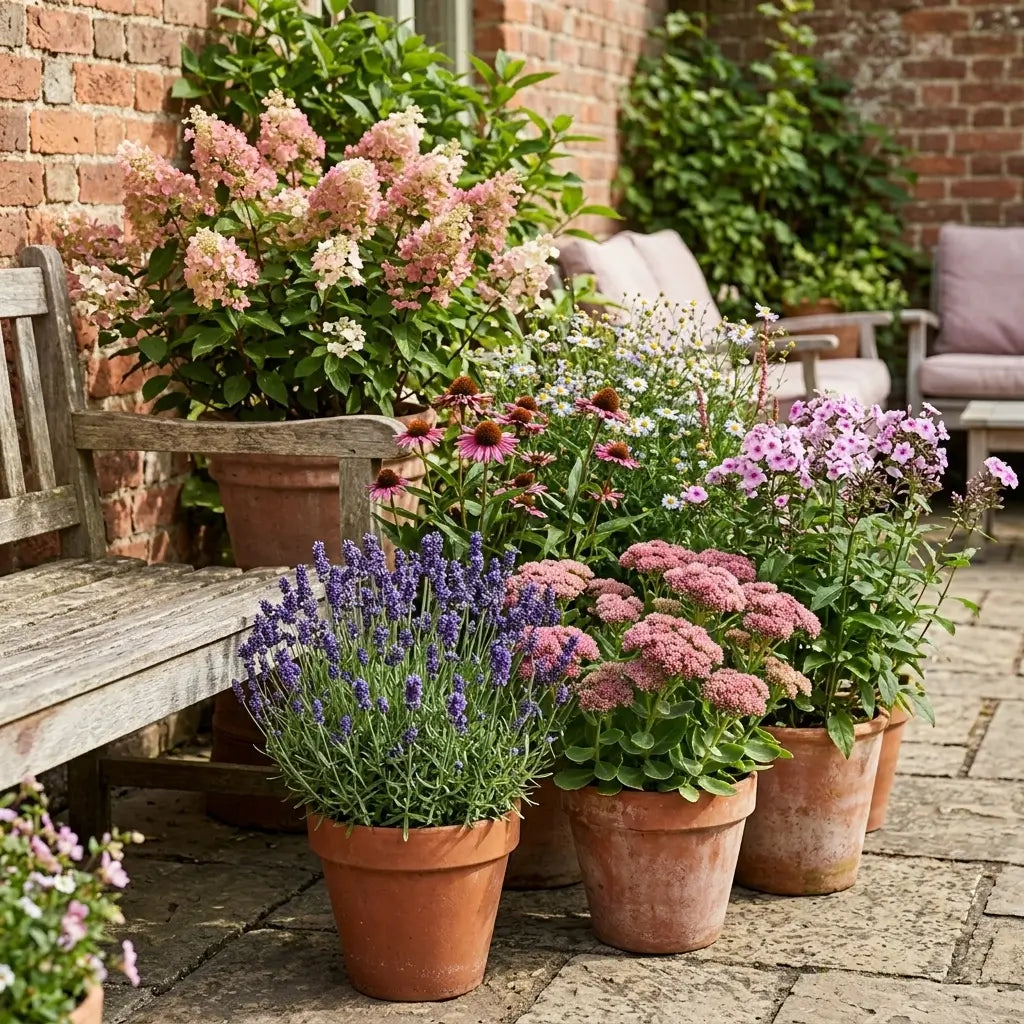 Potted outdoor plants with flowers on a patio with a brick wall background