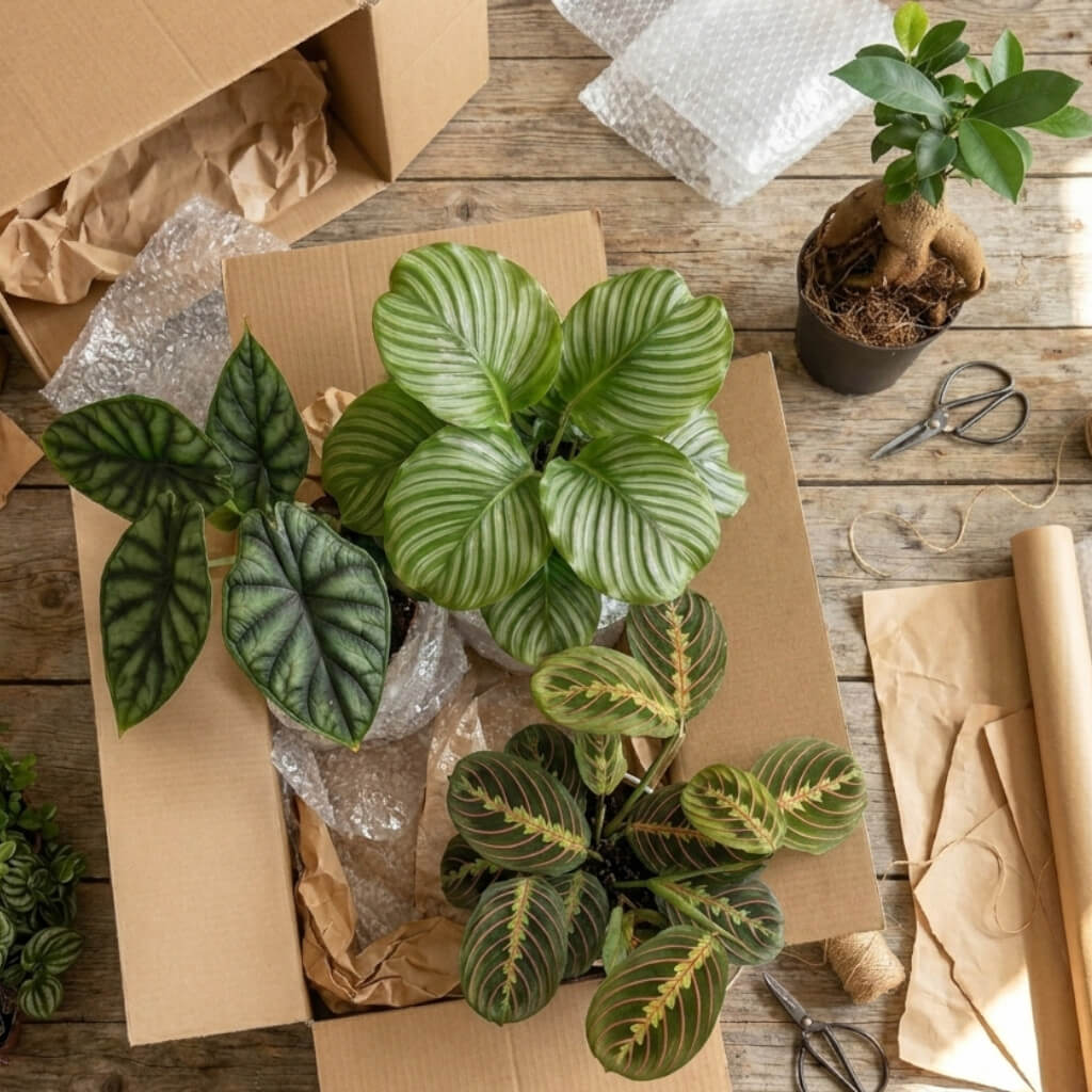 Plants in pots on a wooden table with packaging materials