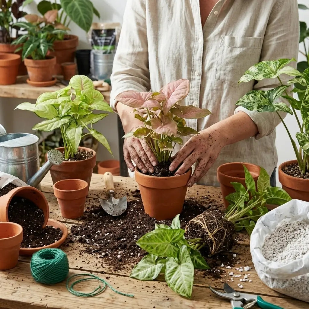 Syngonium-Blätter in einer Pflegesituation im Innenraum