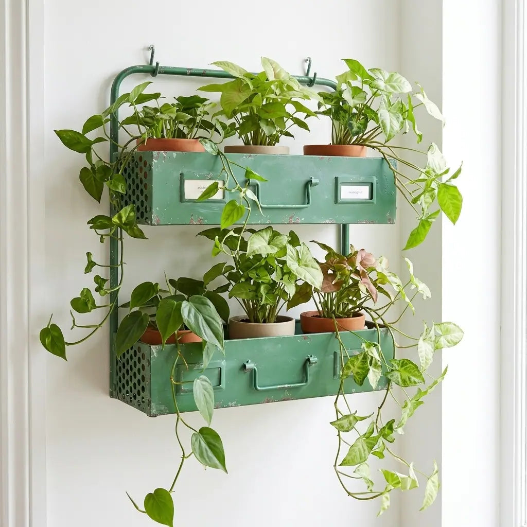 Grünes Metallregal mit verschiedenen Syngonium-Pflanzen vor weißer Wand
