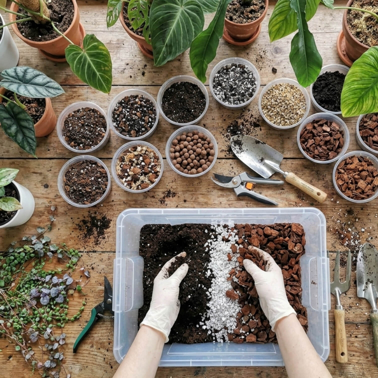 Person bereitet Substratmischung mit Gartenwerkzeug und Pflanzen auf einem Holztisch vor