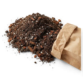 Heap of Alocasia potting mix with a brown paper bag on a white background