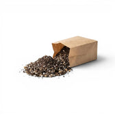 Brown paper bag with bonsai potting mix spilling out on a white background