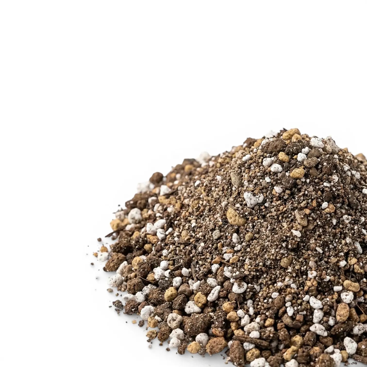 Heap of cacti and succulent potting mix mix with small stones on a white background