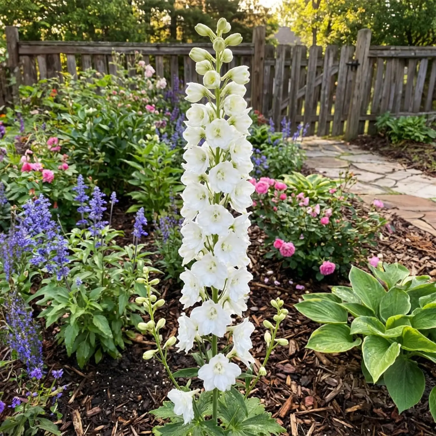 Delphinium 'Magic Fountains Pure White' – Detailaufnahme der Pflanze.