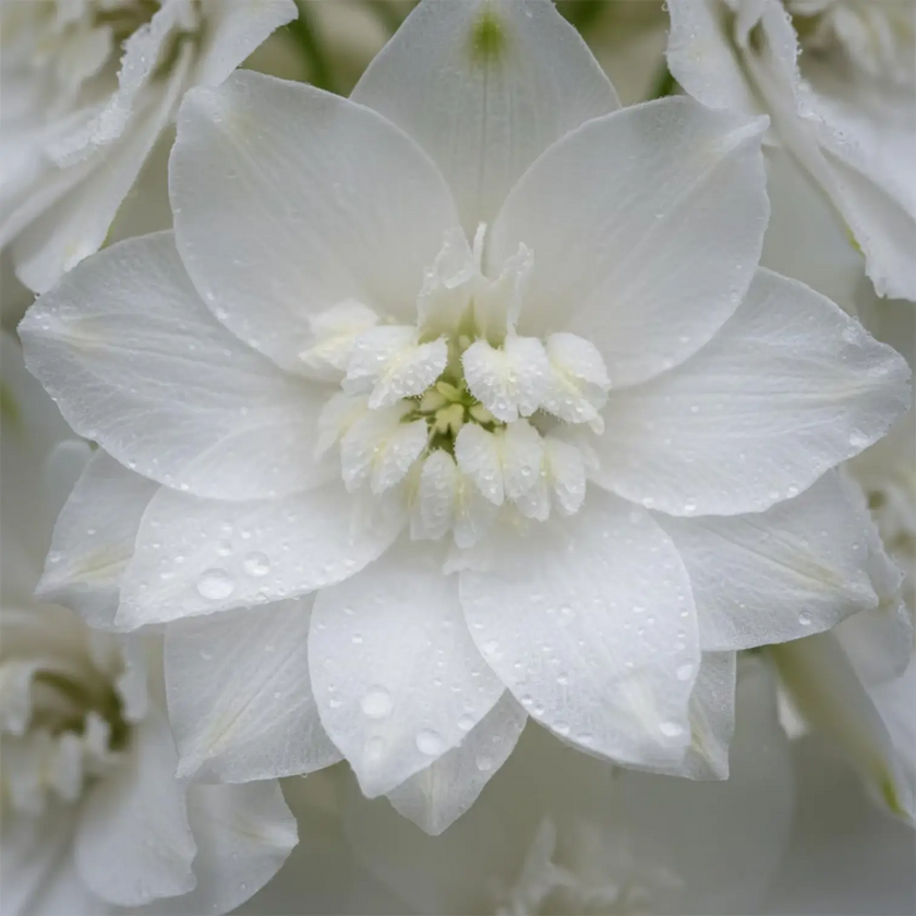 Delphinium 'Magic Fountains Pure White' plant detail.