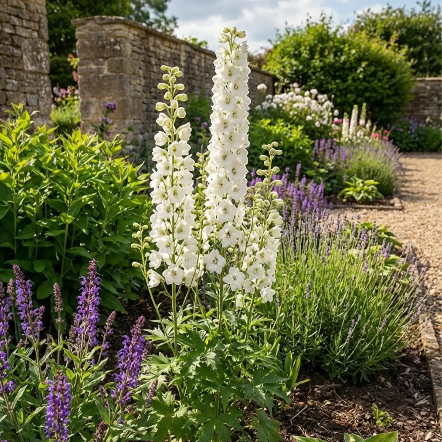 Delphinium 'Magic Fountains Pure White' – Detailaufnahme der Pflanze.