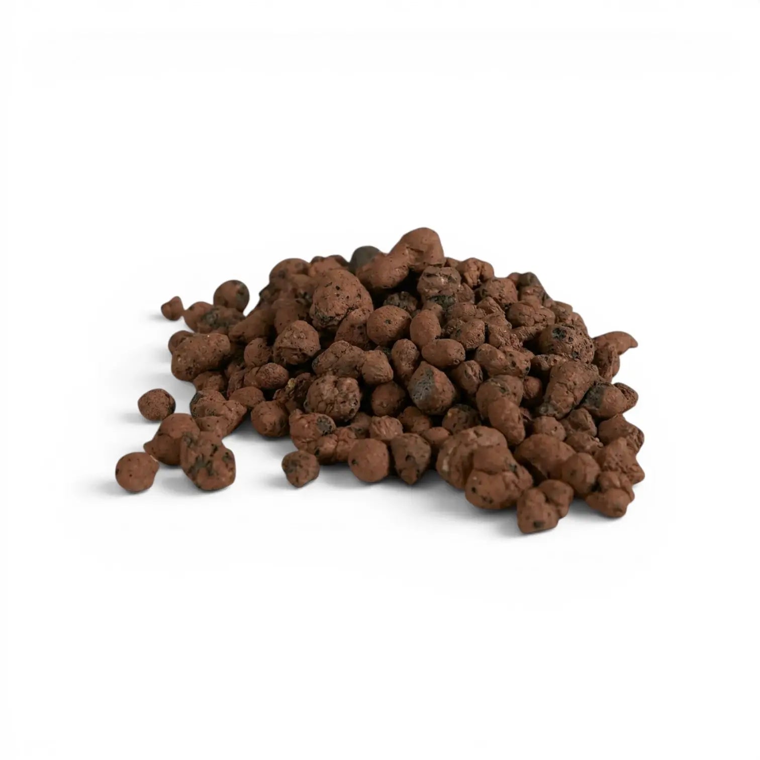 Brown expanded clay pebbles on a white background