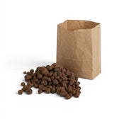 Brown paper bag with a pile of brown expanded clay pebbles on a white background