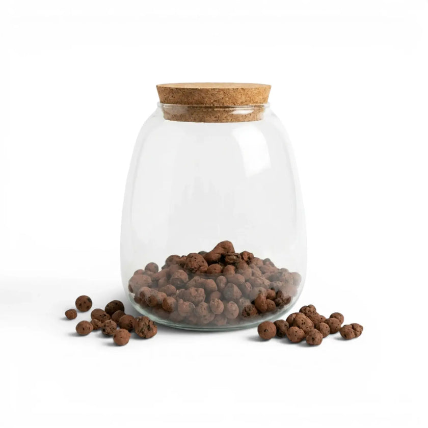 Glass jar with cork lid filled with expanded clay pebbles on a white background