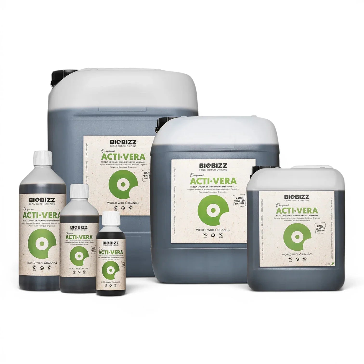 Biobizz Acti Vera bottles in multiple sizes on a white background