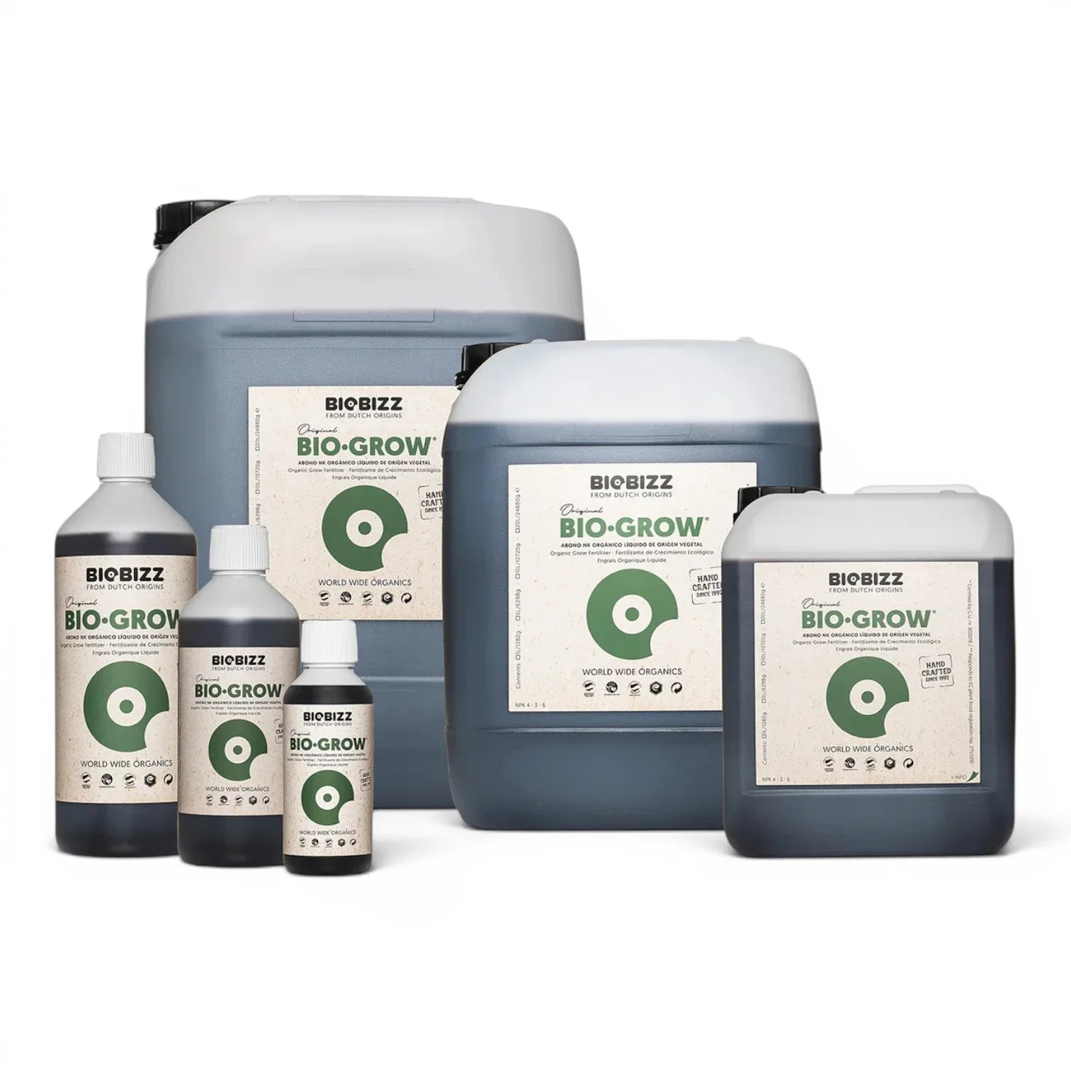 Biobizz Bio Grow bottles in multiple sizes on a white background