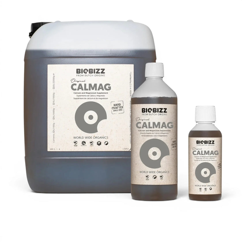 Biobizz Calmag bottles in multiple sizes on a white background