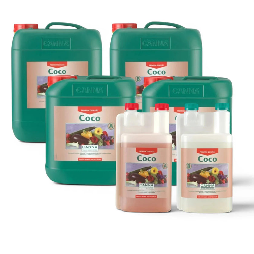 CANNA Coco A+B bottles in multiple sizes on a white background