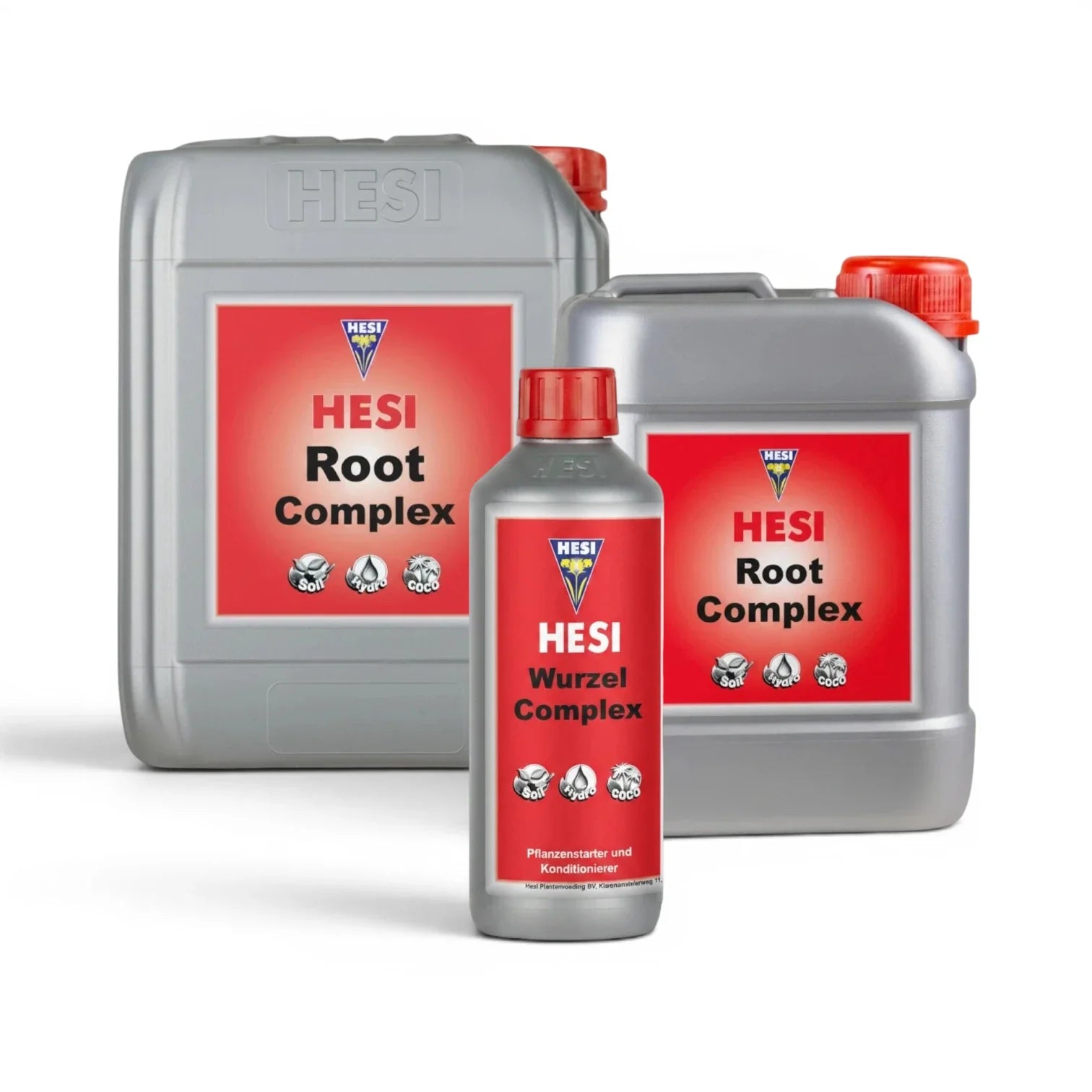 HESI Root Complex bottles in multiple sizes on a white background