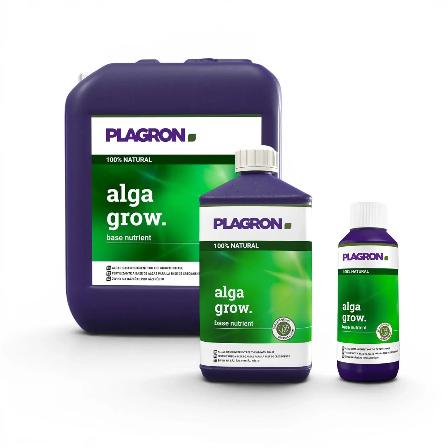 Plagron Alga Grow bottles in multiple sizes on a white background