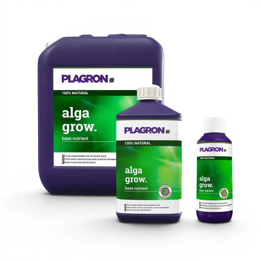 Plagron Alga Grow bottles in multiple sizes on a white background