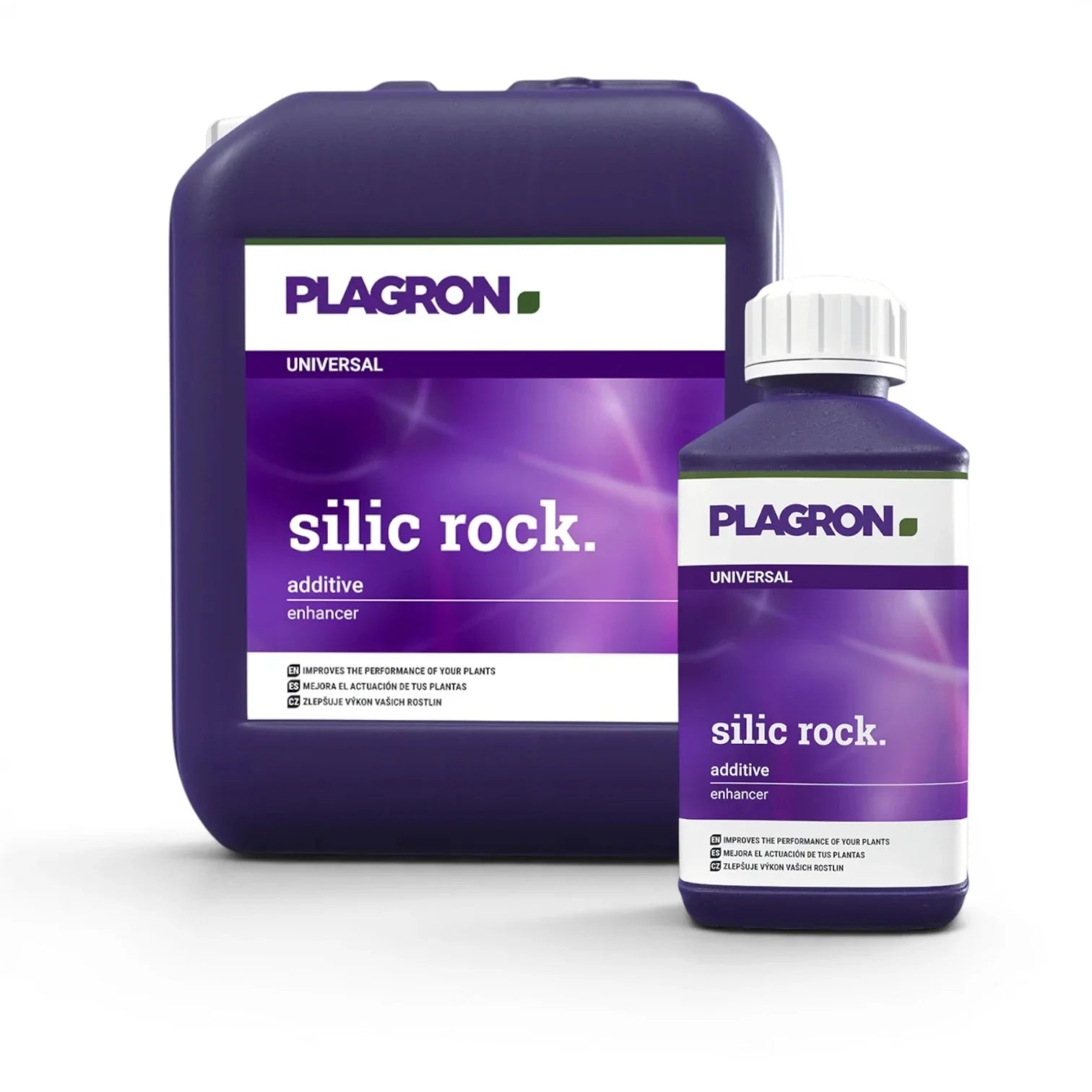 Plagron Silic Rock bottles in multiple sizes on a white background