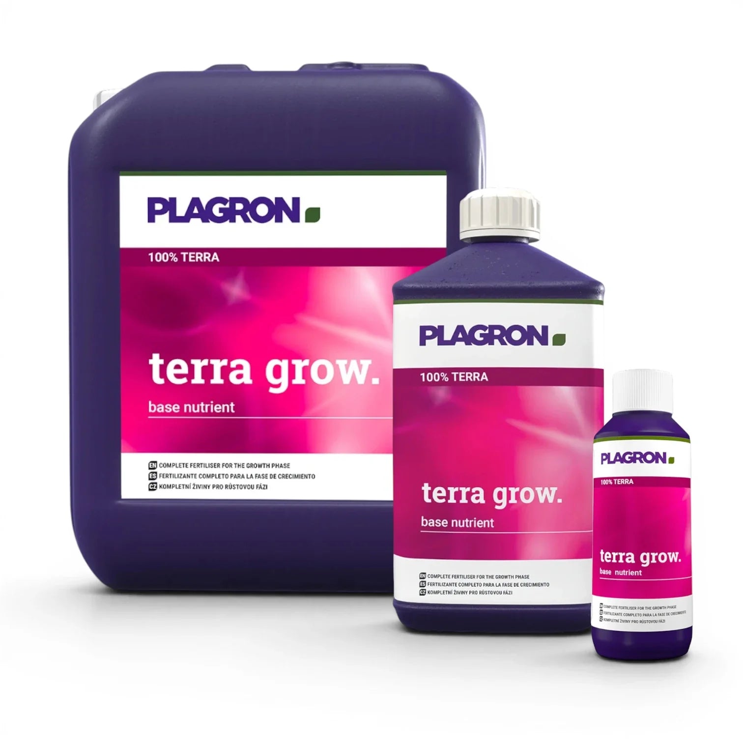 Plagron Terra Grow bottles in multiple sizes on a white background