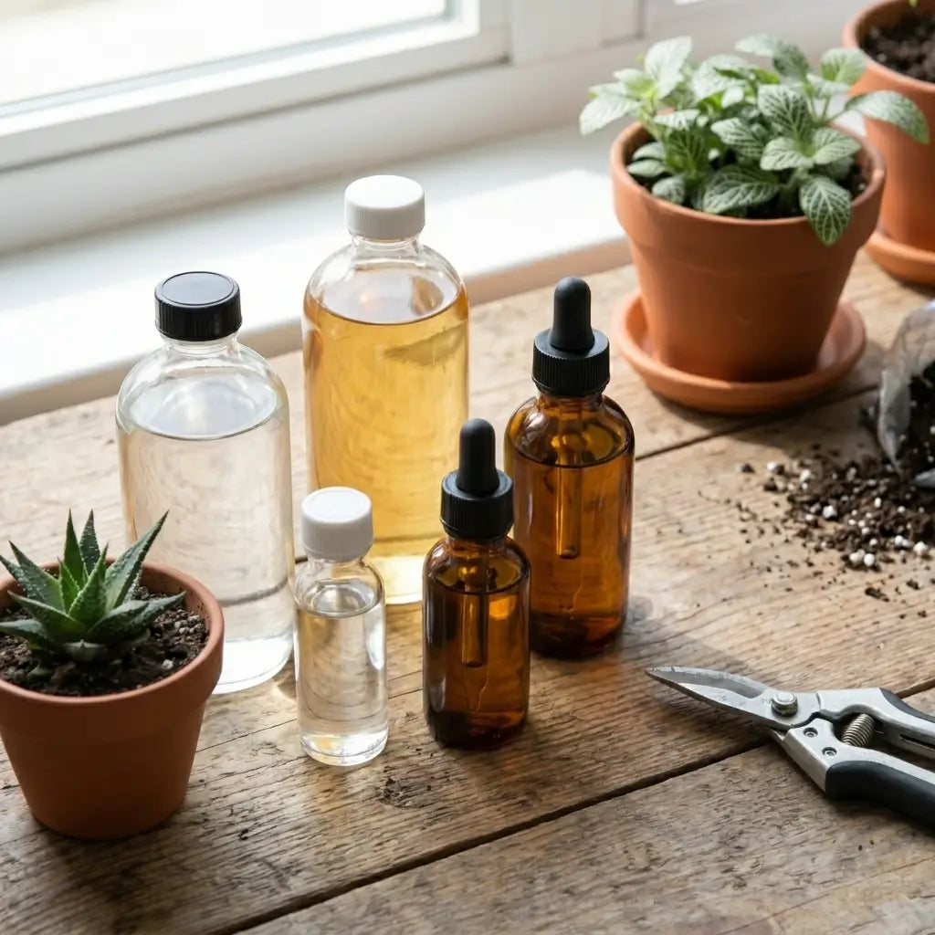 Collection of glass bottles with liquids fertilizers and droppers on a wooden surface with plants and tools.