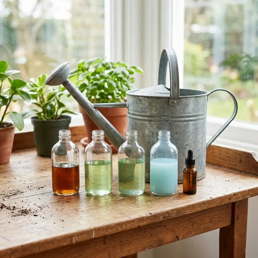 Set of glass bottles with different fertilizers on a wooden table with a watering can and plants in the background.