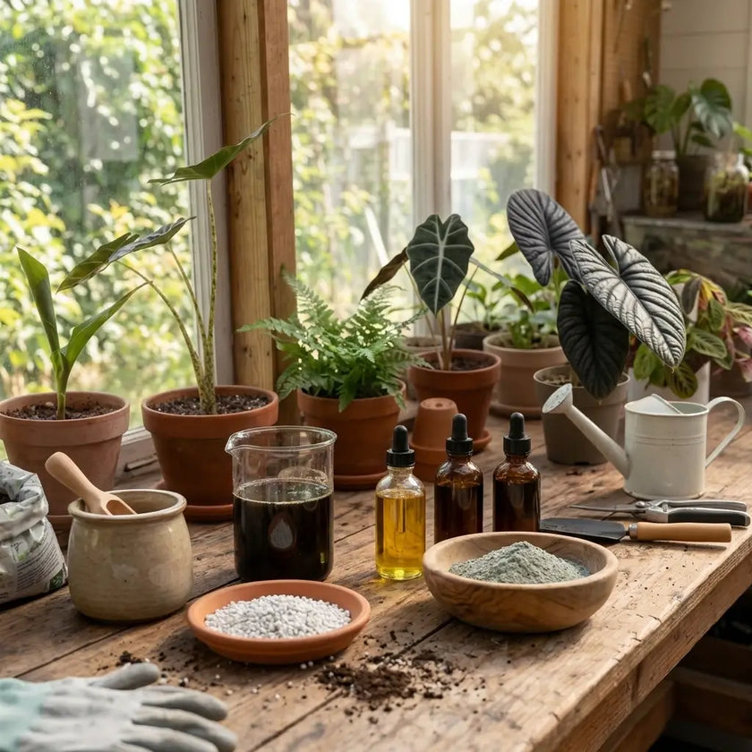 Table with gardening supplies including many various fertilizers pots, bottles, and tools in a sunlit room.