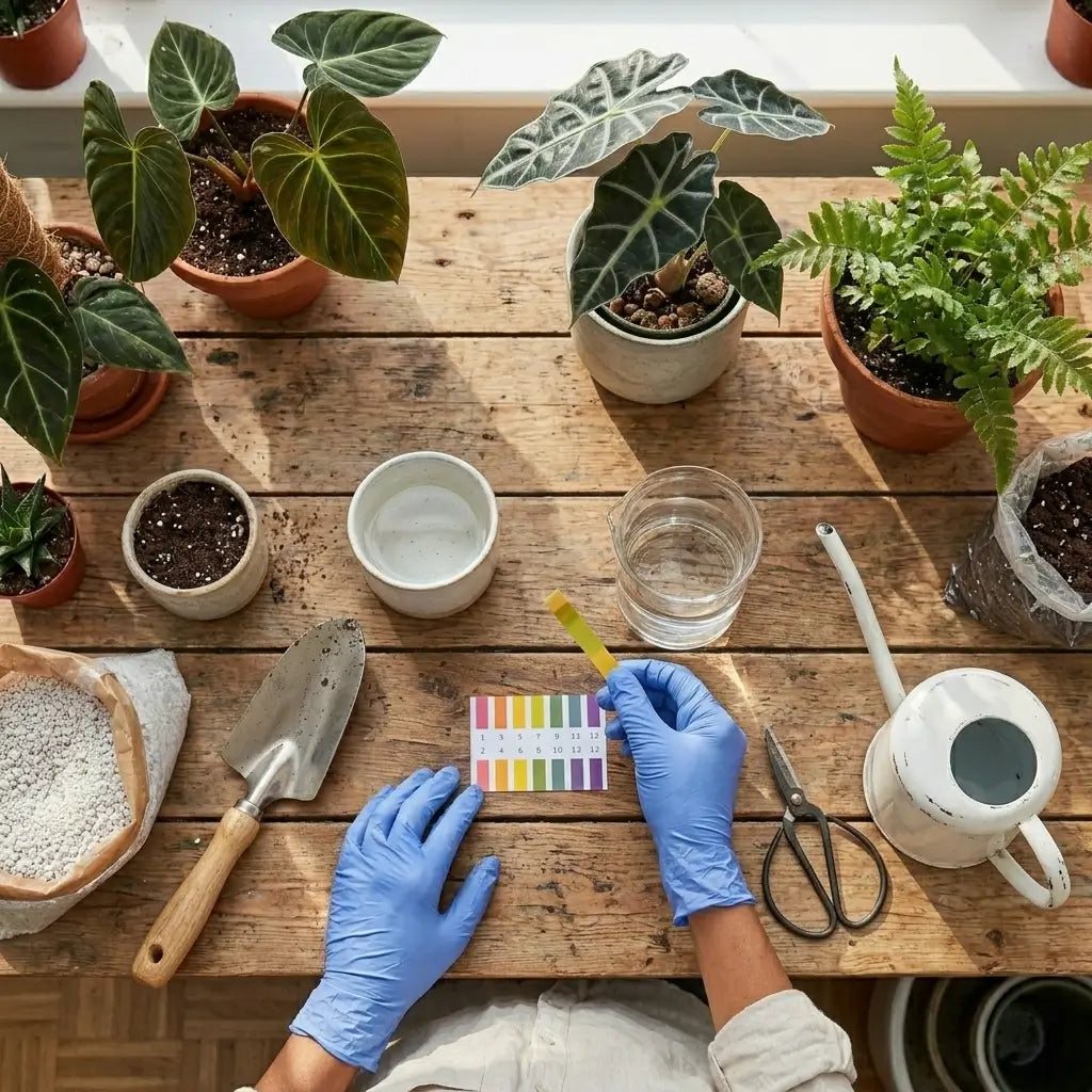 Person in blue gloves using a pH test kit on a wooden table with potted plants.