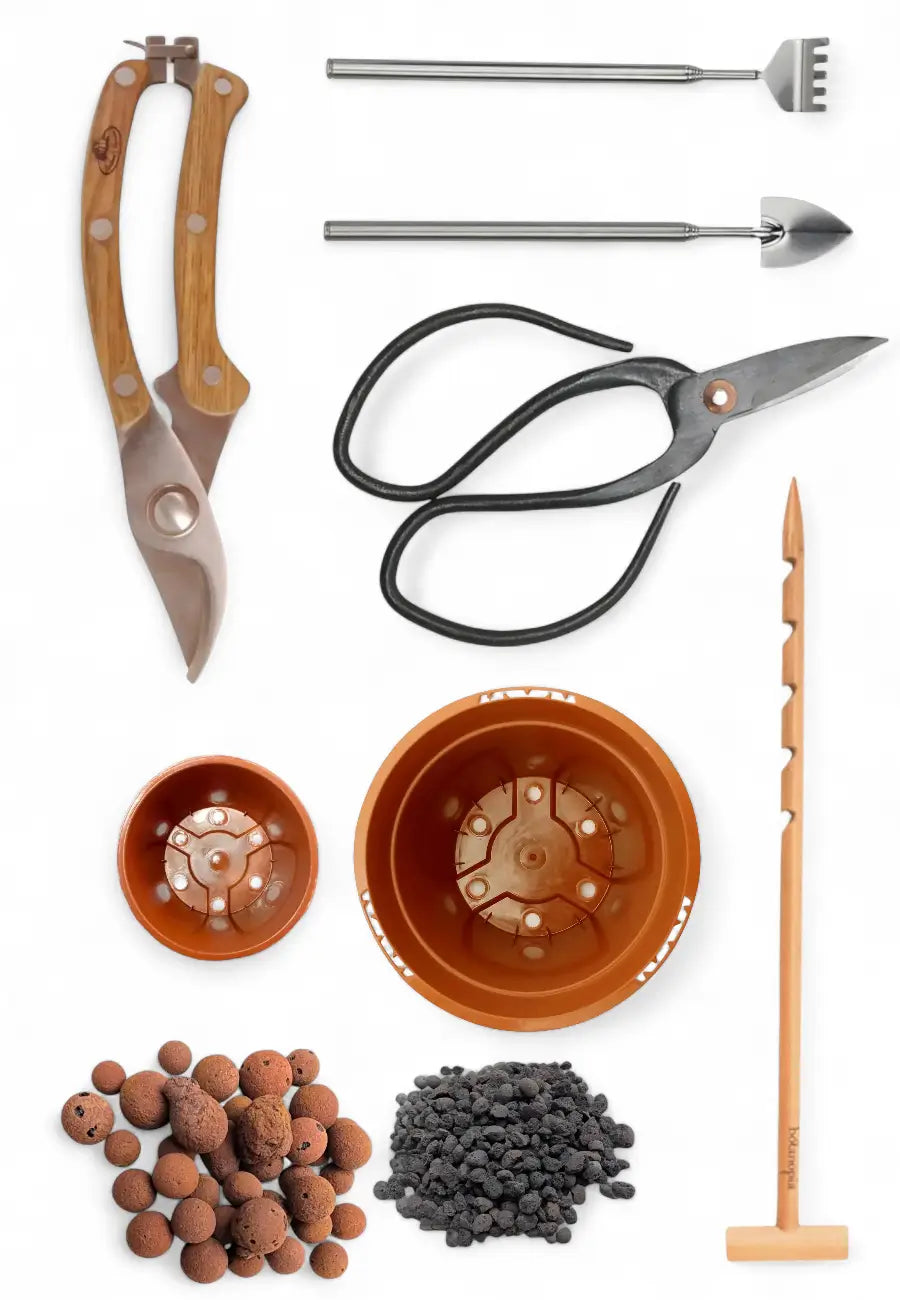 Collection of gardening tools and supplies including scissors, pots, and small items on a white background  