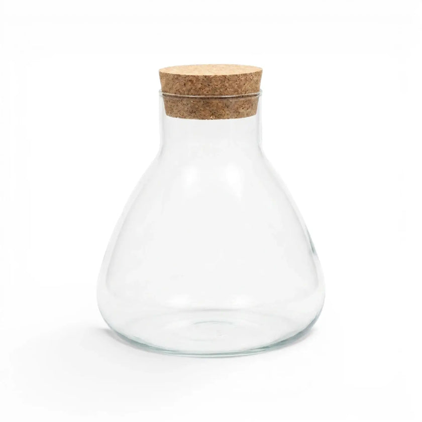 Clear glass carafe Pyramide  with a cork lid on a white background