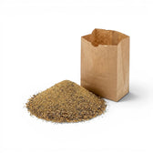 Brown paper bag filled with horticultural sand on a white background