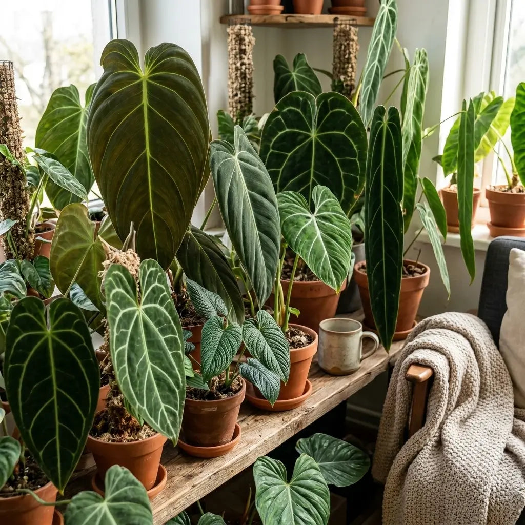 Indoor plants on a wooden table with a cozy living room setting