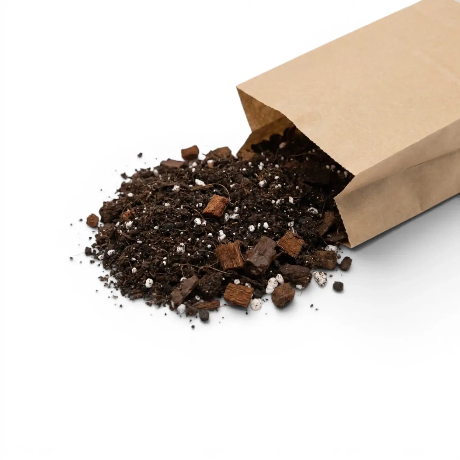 Brown paper bag with Hoya potting mix spilling out on a white background