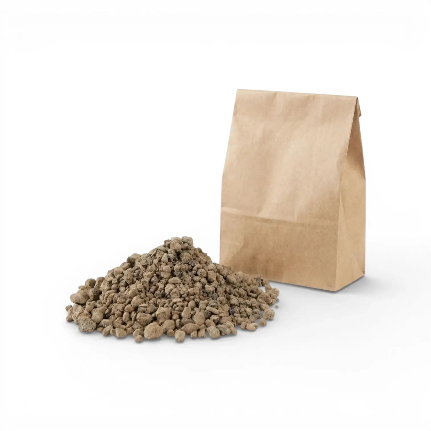 Brown  lava granulate next to a brown paper bag on a white background