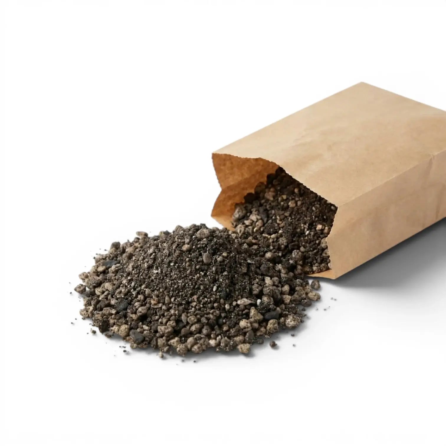 Brown paper bag with lithops potting mix spilling out on a white background