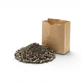 Brown paper bag filled with lithops potting mix  on a white background