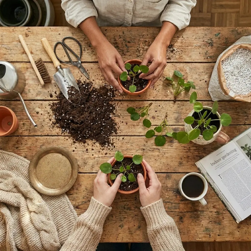 Zwei Personen topfen Pflanzen auf einem Holztisch mit Gartenwerkzeugen und einer Tasse Kaffee ein.