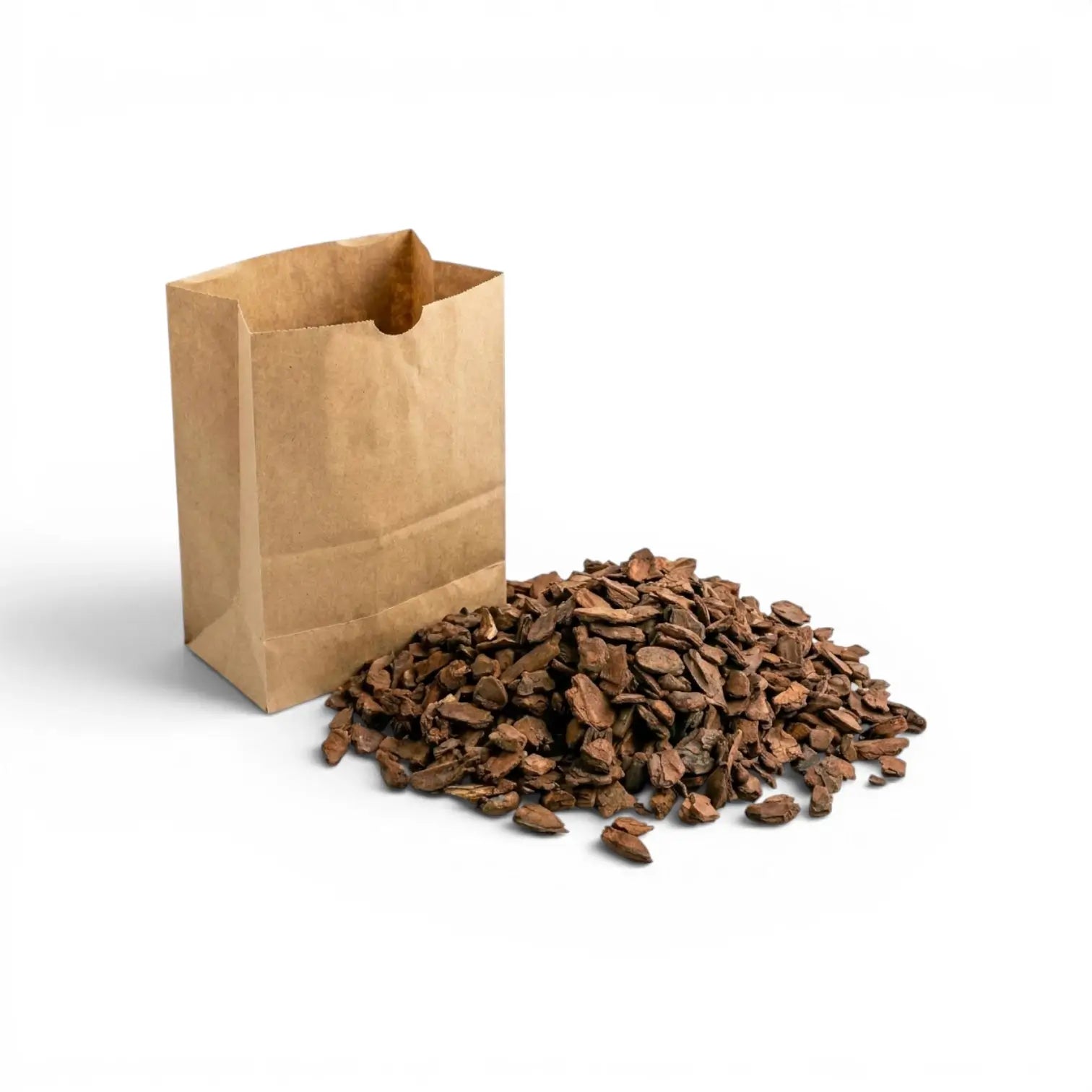 Brown paper bag with a pine bark on a white background