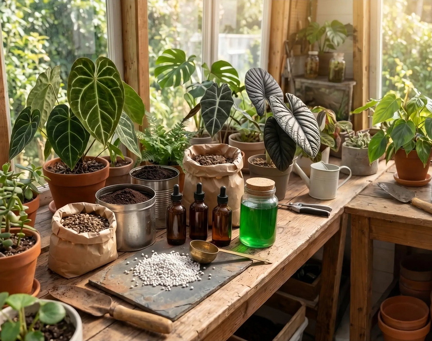 Indoor plants, various fertilizers and gardening supplies on a wooden table with a window background