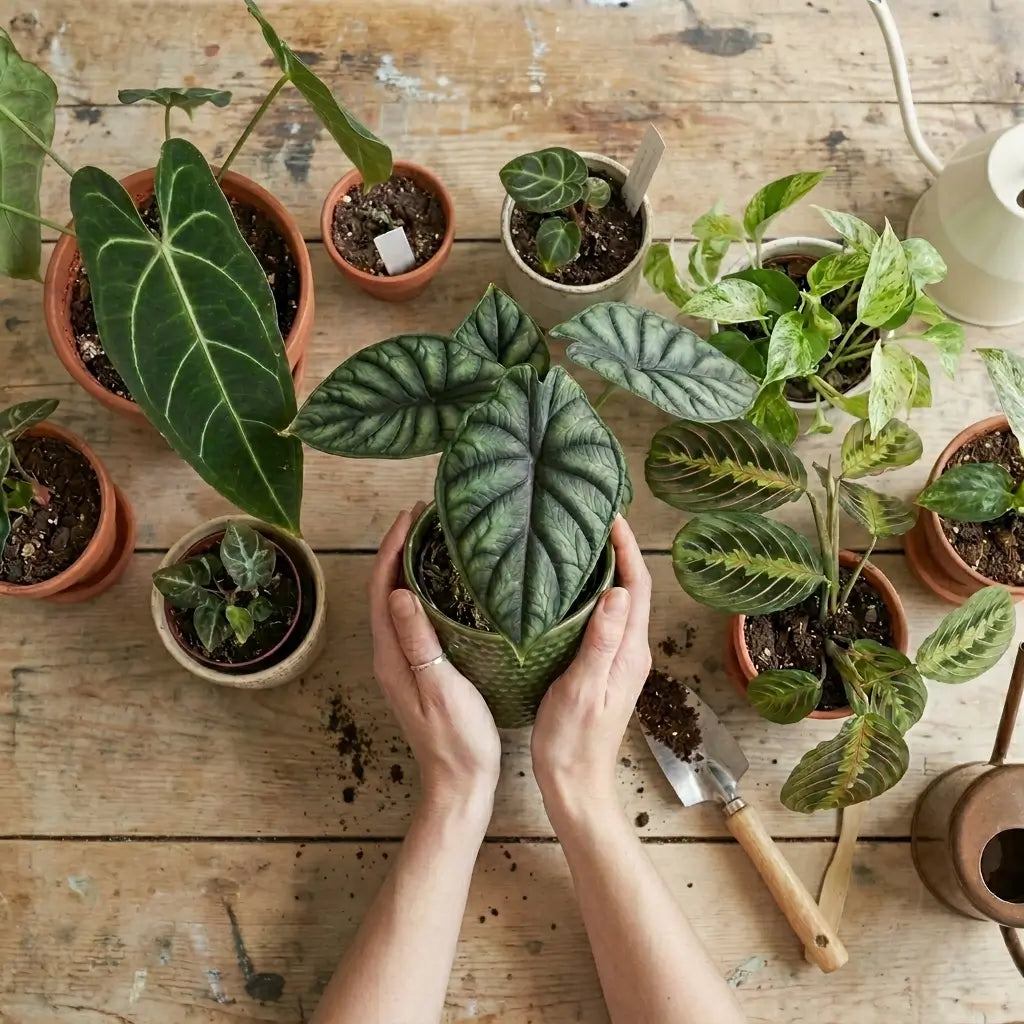 Person holding a potted plant surrounded by various other plants on a wooden table.