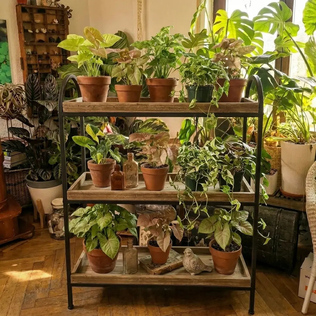 Pflanzenarrangement im Innenraum mit Holzregal und verschiedenen Syngonium-Sorten.