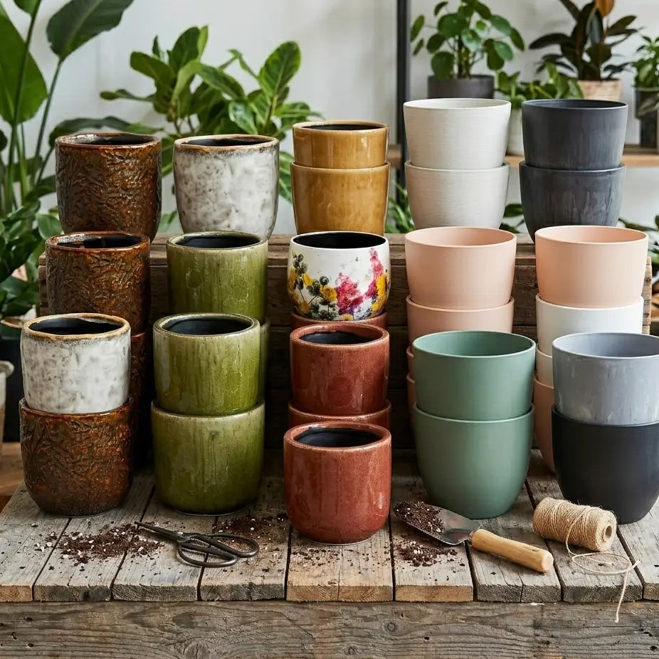 Collection of various pots and planters on a wooden table with plants in the background