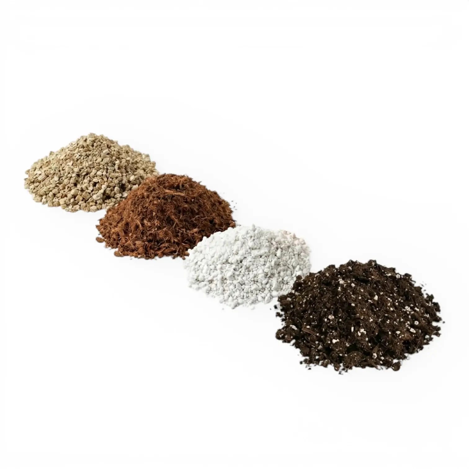 Four piles of of prayer plant substrate set ingredients on a white background