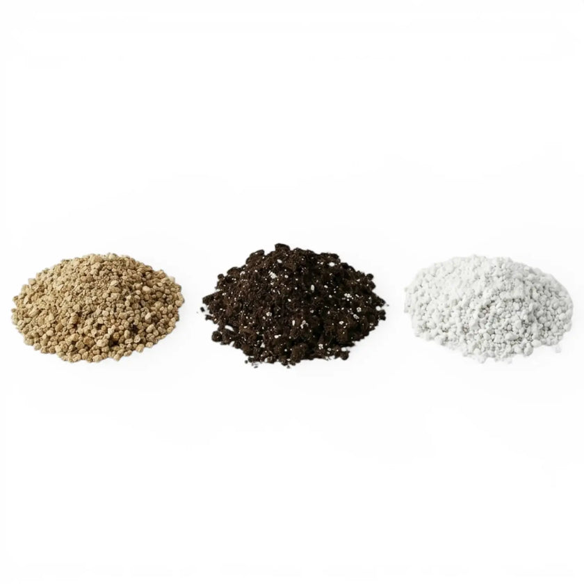 Three piles of of propagation substrate set ingredients on a white background