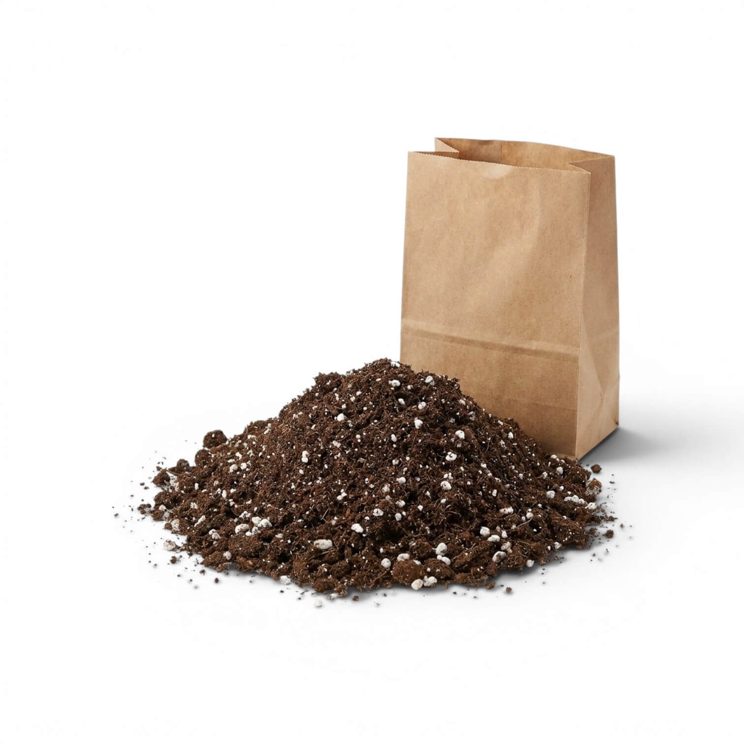 Brown paper bag filled with seedling potting mix on a white background
