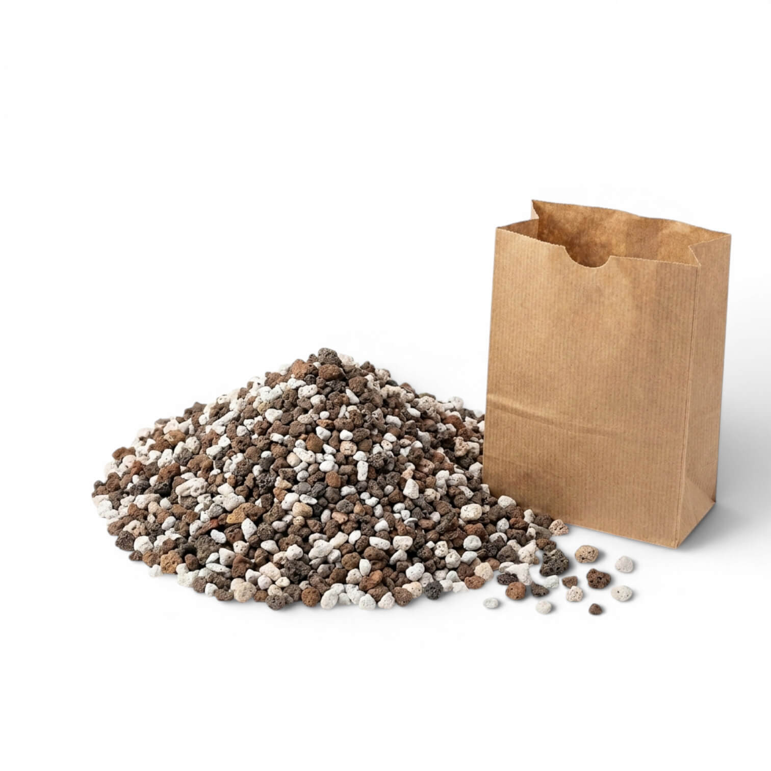 Brown paper bag next to a pile of semi-hydro potting mix on a white background