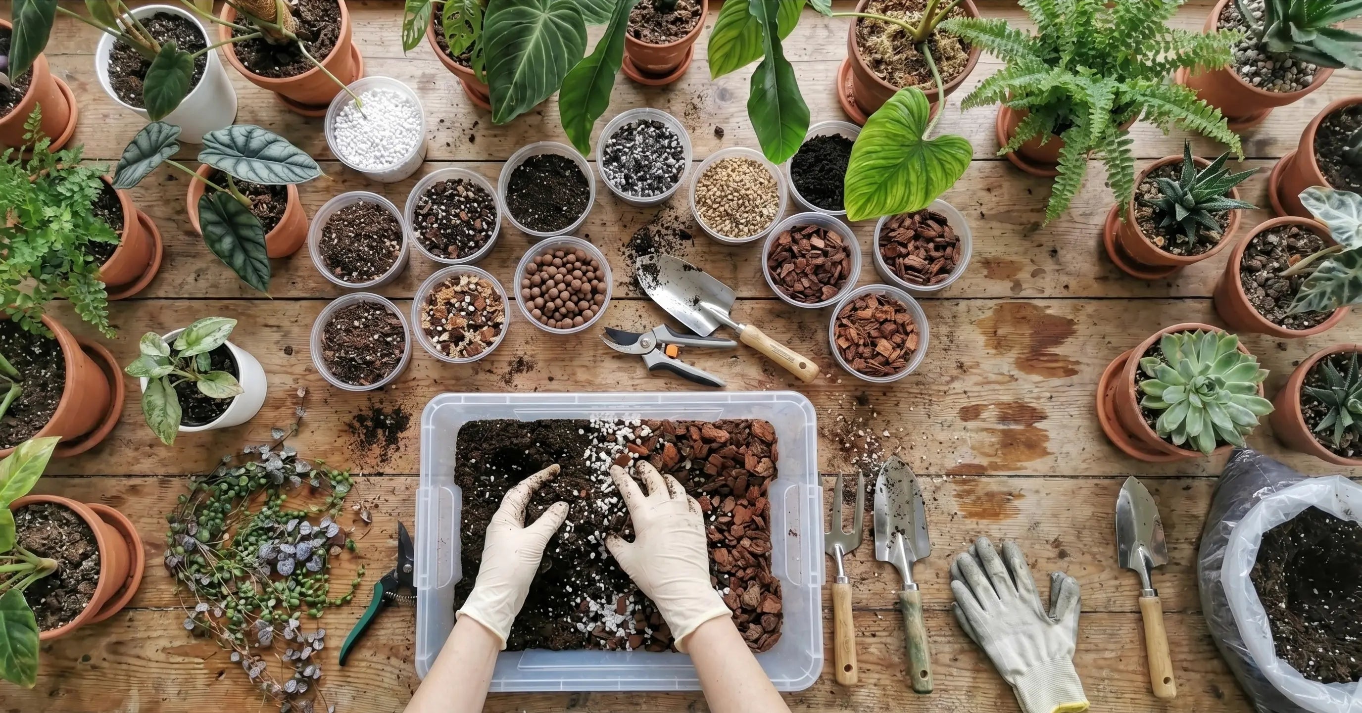 Person mixing a potting substrate out of various ingredients: perlite, soil, pine bark, in a large plastic container on a wooden table filled with plants and plant care accessories.