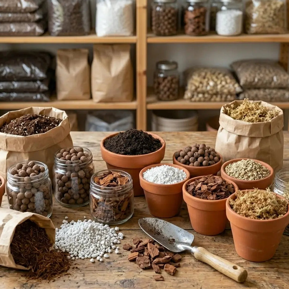 Various plant substrates on a wooden table in pots and paper bags: leca, perlite, sphagnum moss, soil, coconut coir, pine bark.